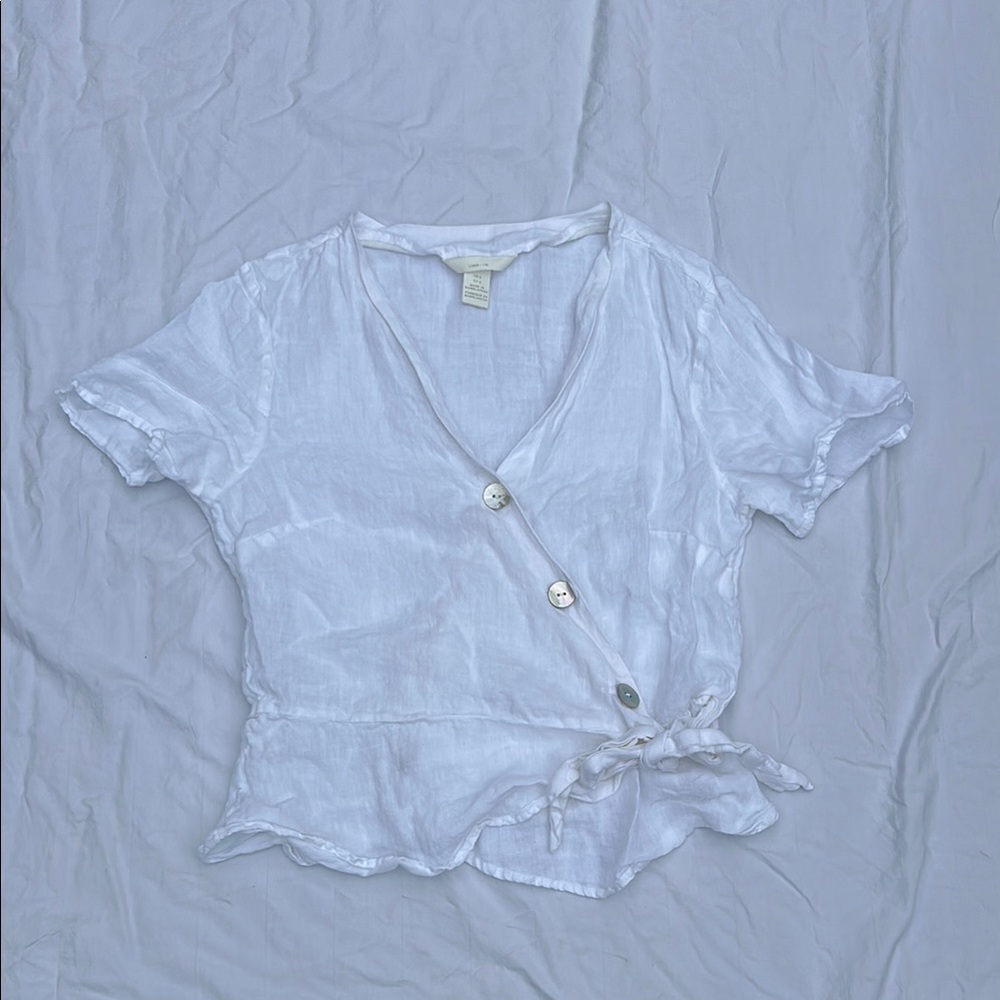 H&M White Linen Short Sleeve Wrap Blouse with Tie Front